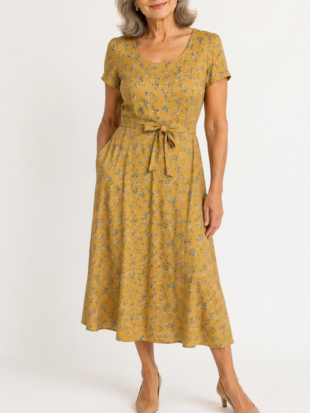 Vintage Maggy London Mustard Floral Tie-Waist Detail Midi Dress